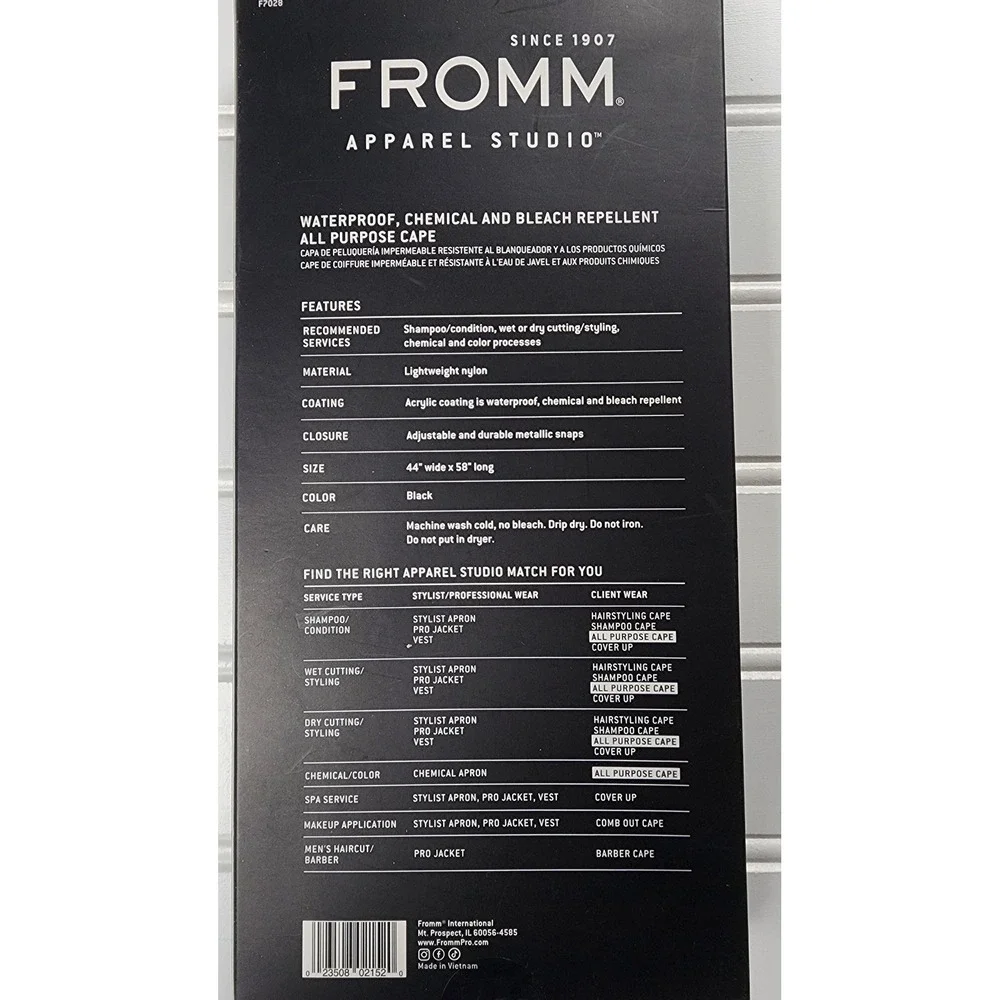 FROMM Apparel Studio Premium‎ All Purpose Cape for Haircoloring Black, NEW